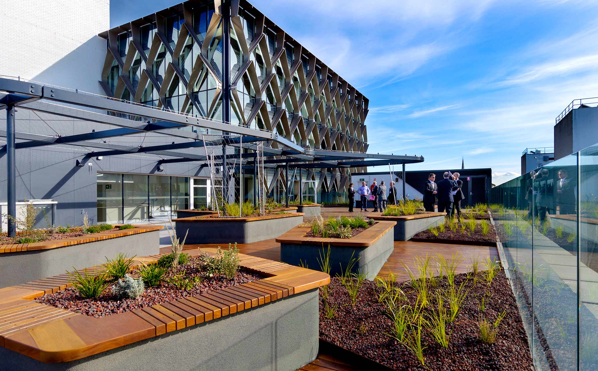 Photo of Barwon Water's head office. Looking from the level three deck to the exterior of the building.