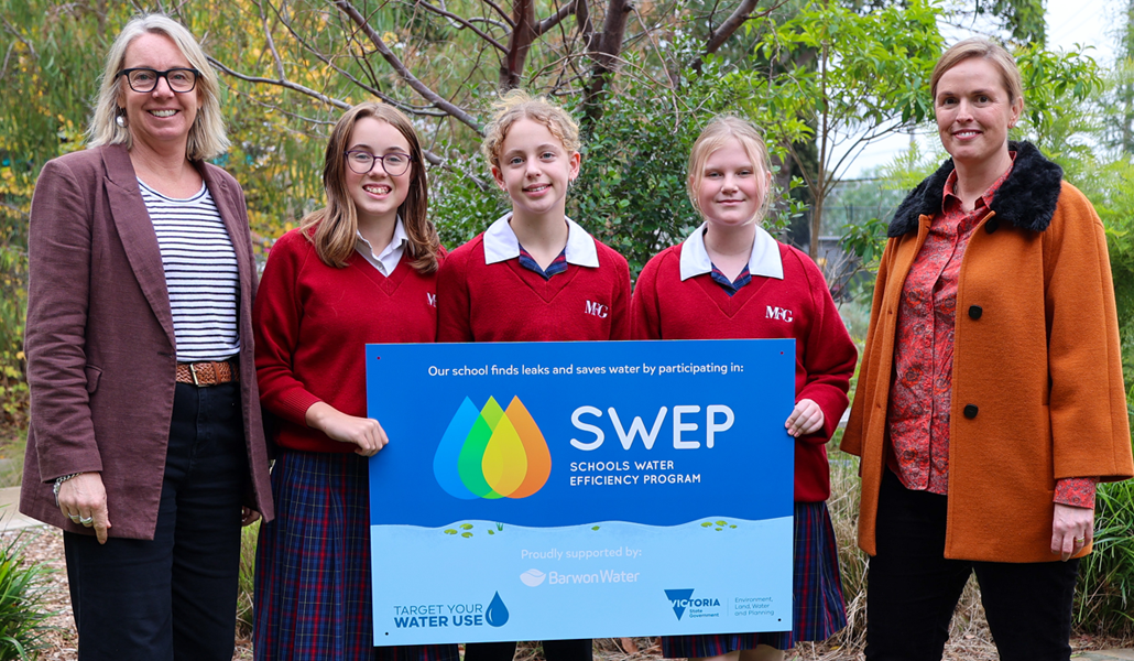 Leader of Teaching Learning and Assessment Jo Toone, with students Amelia Georgia and Evelina and Barwon Water General Manager of Customers Community and Strategy Laura Kendall showcase the impact of the Schools Water Efficiency Program (SWEP).